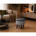 Ver imagem 3 de Puff Redondo Tecido Cinza Linho Corino Faixa Cinza Pés Palito Plástico Macio Elegante Moderno Decora