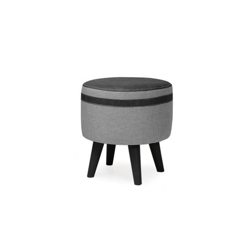 Puff Redondo Tecido Cinza Linho Corino Faixa Cinza Pés Palito Plástico Macio Elegante Moderno Decora