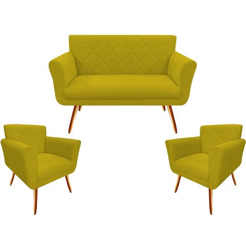 Kit Namoradeira + 2 Poltronas Decorativa Sabrina Couro Amarelo Pés Madeira Mz Decor