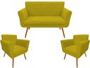 Ver imagem 1 de Kit Namoradeira + 2 Poltronas Decorativa Sabrina Couro Amarelo Pés Madeira Mz Decor