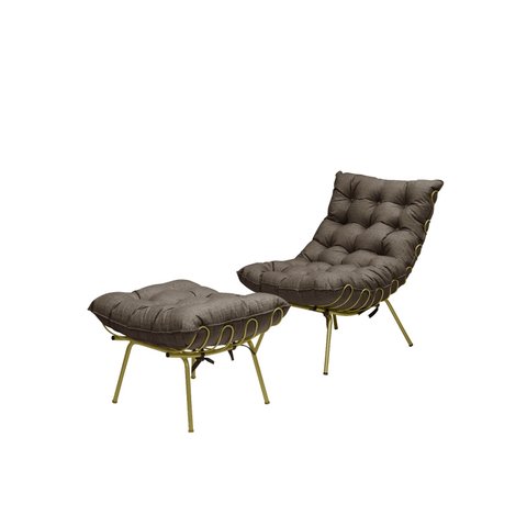 Poltrona Costela com Puff Adão Base Metal Dourado Linho Marrom
