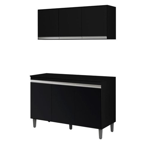 Balcão de Cozinha Manu com Tampo 120 Cm e Armário Aéreo Andréia Preto Fosco - Ajl