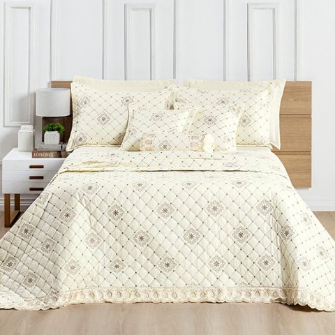 Cobre Leito Casal Paris Bordado 7PÇS 100% Algodão- Vanill