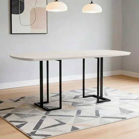 Mesa de Jantar 6 Lugares Retangular Orgânico com Vidro 180cm Pés Industrial Alina N01 Off White