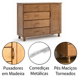 Cômoda 4 Gavetas 1 Porta 100% Madeira Maciça Ariel Imbuia Fosco - 4