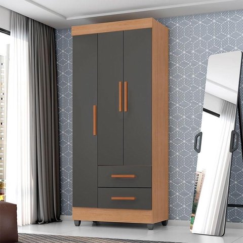 Guarda Roupa Solteiro Ambiente Lite 3 Portas Nature Cinza – Móveis Leão