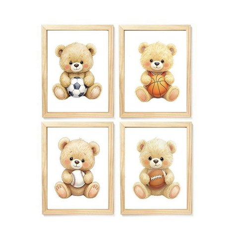 Kit Quadro Decorativo Ursinho Esportista Quarto Criança Bebê Menino