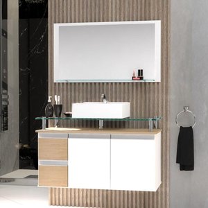 Conjunto Gabinete Banheiro 2 Gavetas 2 Portas 80cm com Espelheira Diamante - Freijó Amadeirado -
