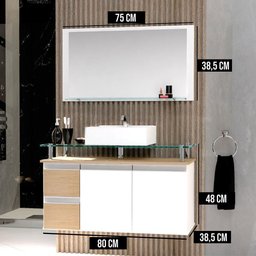 Conjunto Gabinete Banheiro 2 Gavetas 2 Portas 80cm com Espelheira Diamante - Freijó Amadeirado - - 3