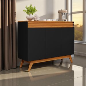 Aparador Buffet Balcão 3 Portas Ripado 2 Prateleiras Pés e Base Madeira Maciça:preto/nature