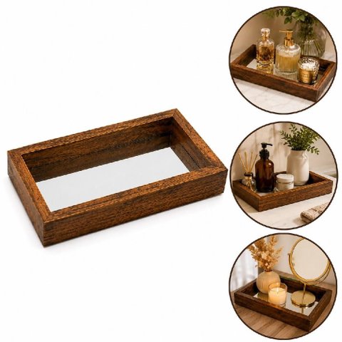 Bandeja Espelhada Decorativa Banheiro Lavabo Sala Multiuso Organizador em Madeira para Bebidas Perfu