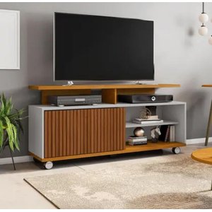 Rack Topázio para Tv, Naturalle Of-white, com Porta Ripada e Rodízios, Moderno