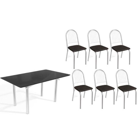 Sala de Jantar Completa Elba Tampo Madeirado C/ Vidro 160cm e 6 Cadeiras Noruega Cromada/preto -