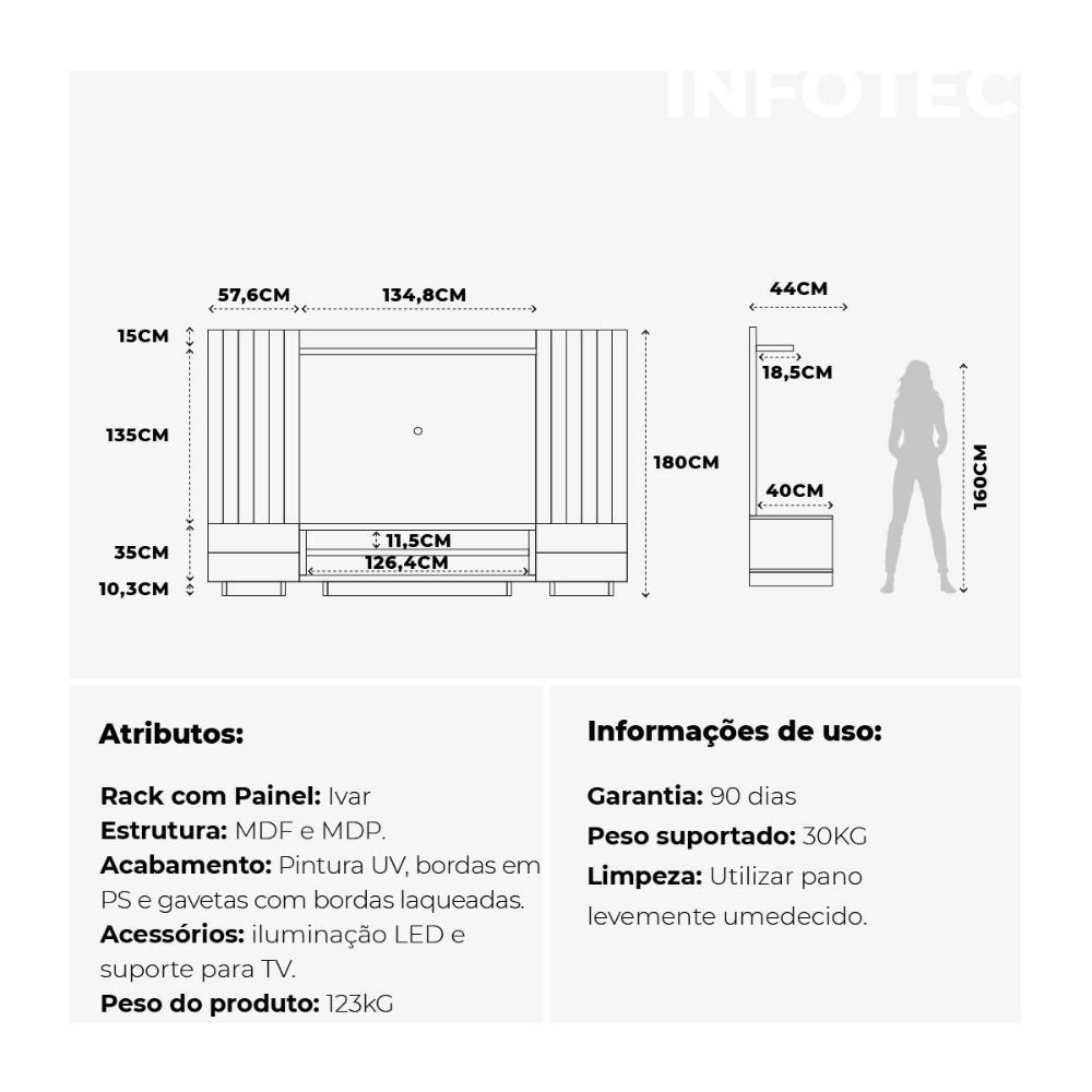 Rack com Painel Ivar 4 Gavetas com LED Off White com Cinamomo Província - 5