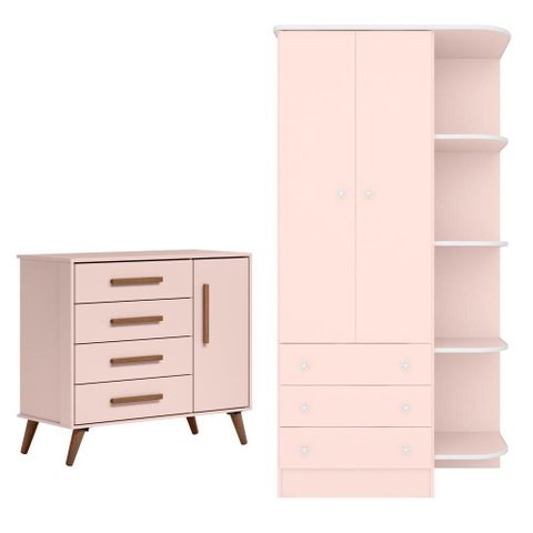 Conjunto Guarda Roupa e Cômoda Sapateira Retrô Rosa