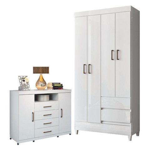 Guarda Roupa Solteiro 4P com Pés e Cômoda Havana Master com Rodizio Branco Brilho