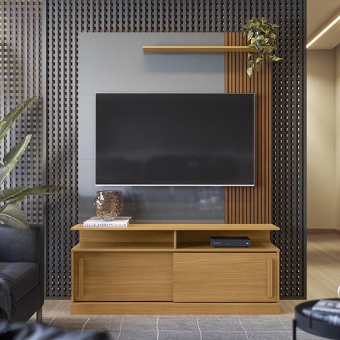 Estante Home para Tv até 60 Polegadas 2 Portas Correr Prateleira e Rodízio Chicago Tauari/ Cinza Per