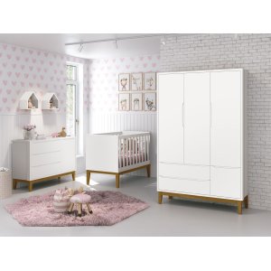 Jogo de Quarto para Bebê Completo 3 Portas Classic New Branco Fosco com Madeira - Reller