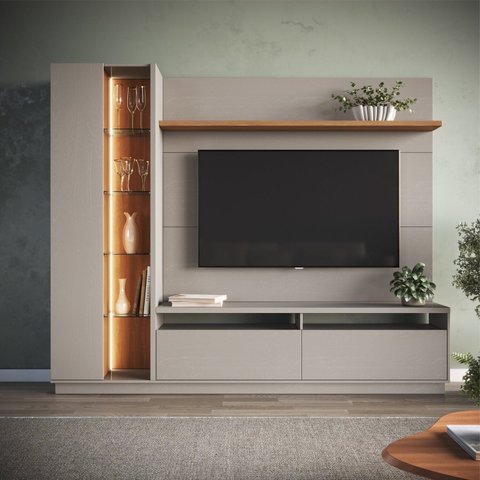 Estante para TV e Home Theater até 65 Polegadas 220cmx183cm Bar Iluminado 3250 Cristaleira Cinza Fumê/Freijó
