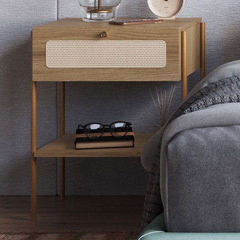 Mesa de Cabeceira 1 Gaveta Palhinha Pés Metálicos 28932 Oslo Artesano - Hanover/dourado