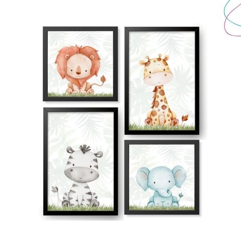 Quadro Decorativo Infantil Safari Animais da Floresta:preta