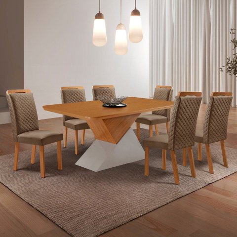 Mesa de Jantar Aster 180cm Tampo MDF Canto Copo Laminado e 6 Cadeiras Lorena