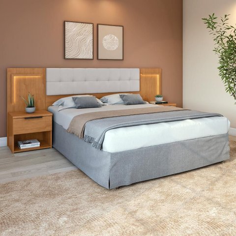 Cabeceira Box 1,60 Easy Glow Tecido Corano Bege com Led Amendoa Clean