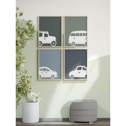Kit 4 Quadros Decorativos Infantil Carros Azul e Branco No1 - 1