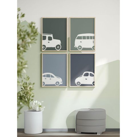 Kit 4 Quadros Decorativos Infantil Carros Azul e Branco No1