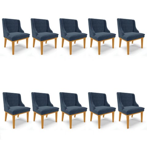 Kit 10 Cadeiras Estofadas para Sala de Jantar Base Fixa de Madeira Castanho Lia Suede Azul Marinho -