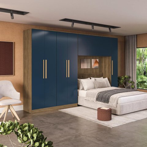 Guarda Roupa Quarto Modulado Casal Adapt  5 Peças Nogueira/Azul Profundo 349cm - Kappesberg