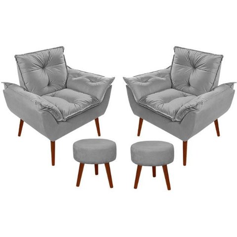 Kit 02 Poltrona Opala Decorativa Suede + 02 Puff Redondo Decorativo