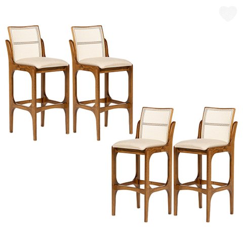 Kit 4 Banquetas Alta para Bancada Lisboa Encosto Rattan Madeira Imbuia Linho Bege M58 Rmi