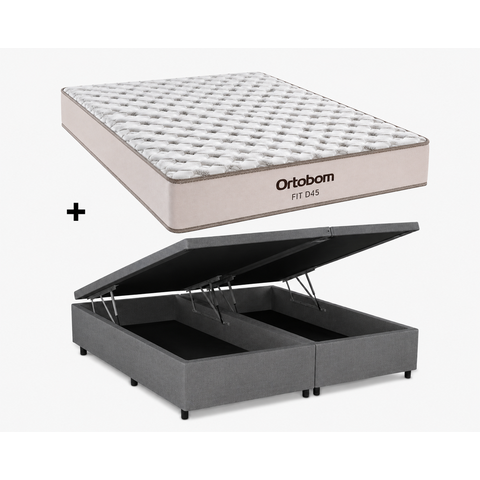 Cama Box Bau Casal Bipartido Cinza Colchão Fit D45 Espuma 138x188 - Ortobom