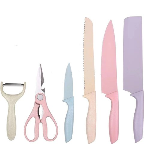 Jogo de Facas 6 Peças Coloridas Tesoura Cutelo e Descascador Utensílios Antiaderente