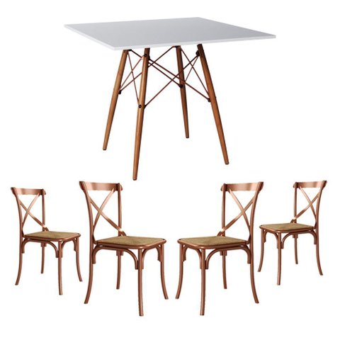 Conjunto de Mesa Eiffel Quadrado Tampo de Madeira 90cm Branco com 4 Cadeiras Cobre - Marrom