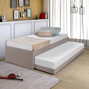 Bicama de Solteiro em Madeira Maciça Bari Revestida Tecido Pavia Bege - Php