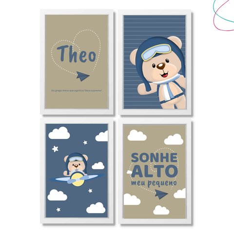 Quadro Decoração Quarto Menino Ursinho Aviador Moldura Vidro:branca