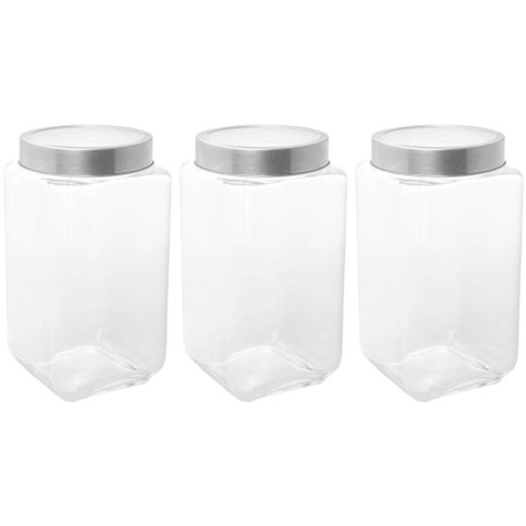 Kit 3 Potes de Vidro 1,7l Tampa Metal Lyor Gastro Prata Porta Mantimentos Retangular