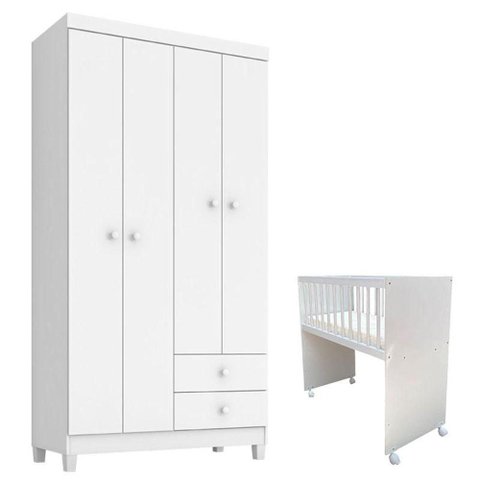 Mini Berço Moisés Alegria com Colchão e Guarda Roupa Ternura Baby 4 Portas Branco Flex -