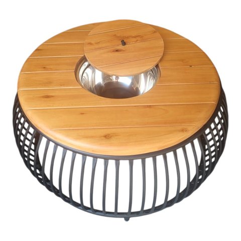 Mesa de Centro com Champanheira Base Ripada Tampo Embutido em Madeira