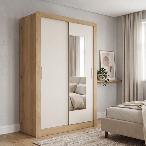 Guarda Roupa Solteiro com Espelho 2 Portas de Correr 1 Gaveta Cor Flex City Yescasa Capuccino/Off White/Menta