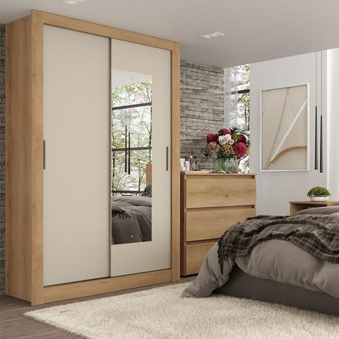 Guarda-Roupa 2 Portas Correr Dupla Face Reversível com Espelho 120x55x200cm City Capuccino/Menta/Off White