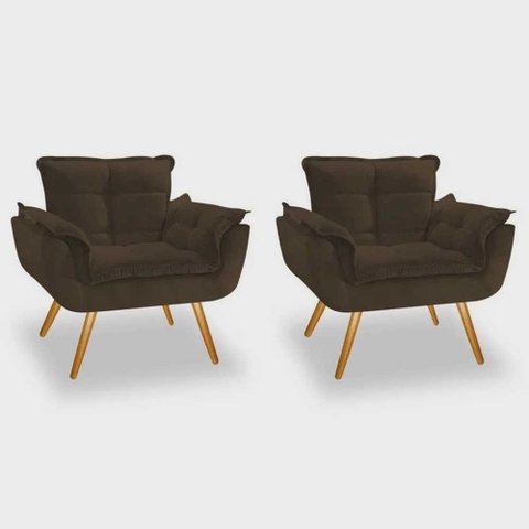 Conjunto 2 Poltronas Para Sala Opala Pés Palito Suede Ulisses Decor:Marrom