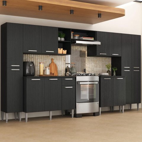 Armário Cozinha Modulada Completa 329,5cm Pequim Top Multimóveis Mp3767 Preto