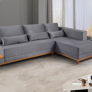 Sofá de Canto 4 Lugares com Chaise M-174 2,56m Molas Bonnel Almofadas Soltas Linho Estofados Martins