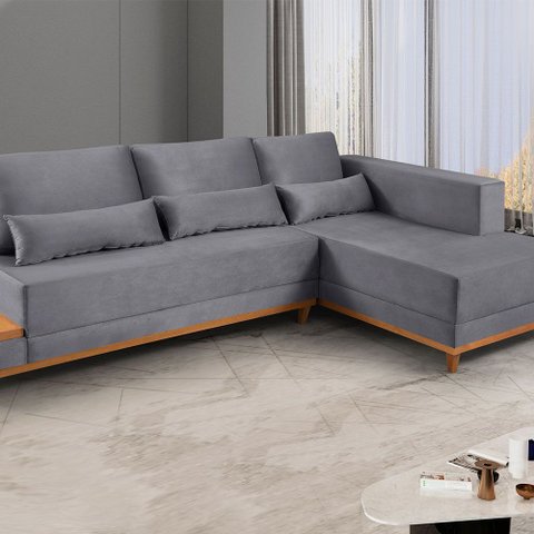 Sofá de Canto 4 Lugares com Chaise M-174 2,56m Molas Bonnel Almofadas Soltas Linho Estofados Martins