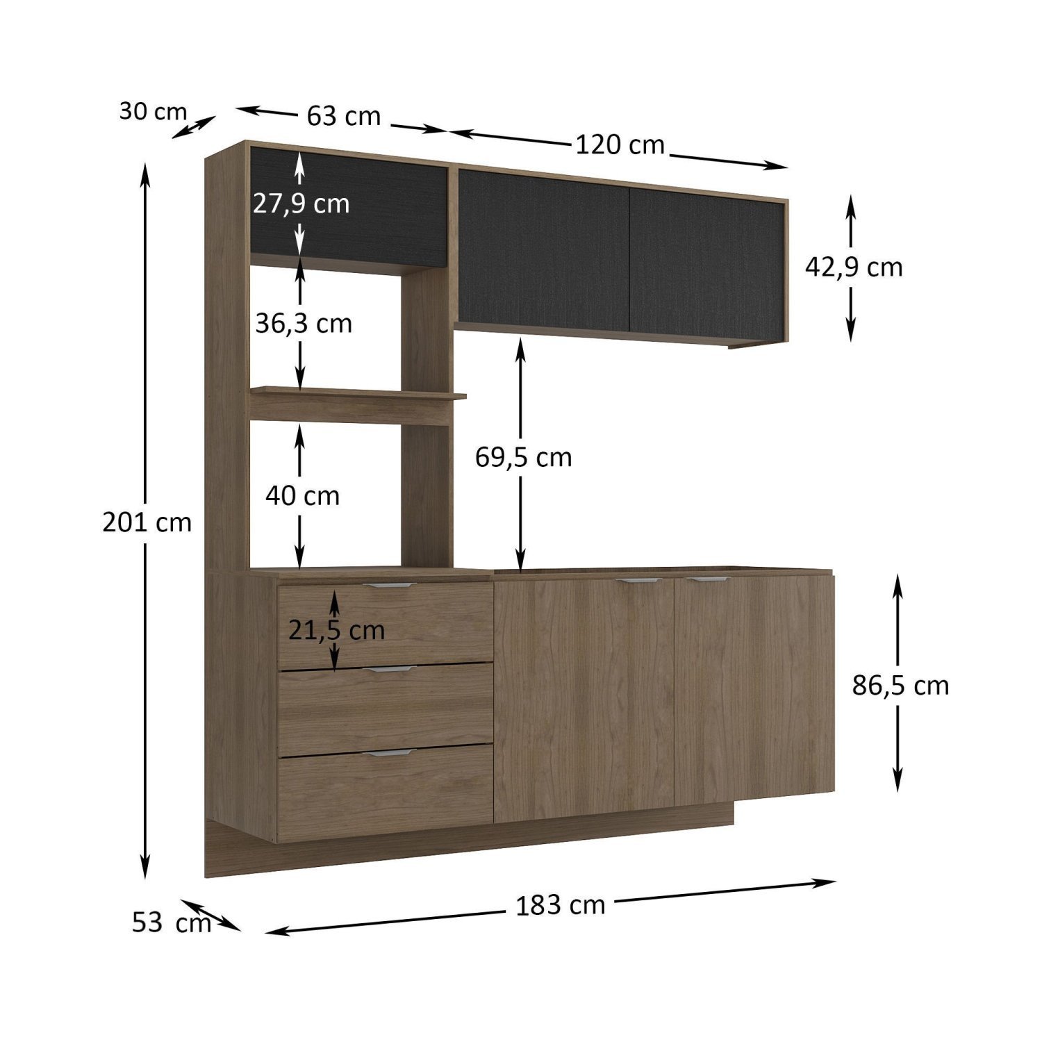 Armário de Cozinha Modulada 351cm Porta de Vidro 7 Peças Perfect H02  Duna/Cristal - Mpozenato