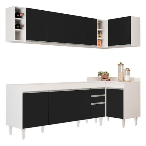 Armário de Cozinha Modulado de Canto Esquerdo 5 Peças Cp52 Balcão sem Tampo Branco-preto - Lumil