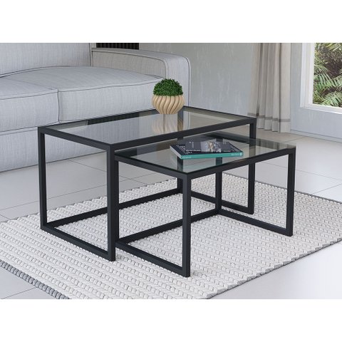 Conjunto Mesa de Centro Industrial 65cm e 60cm Aço Preto Duo Vidro Don Castro Decor Industrial Premi